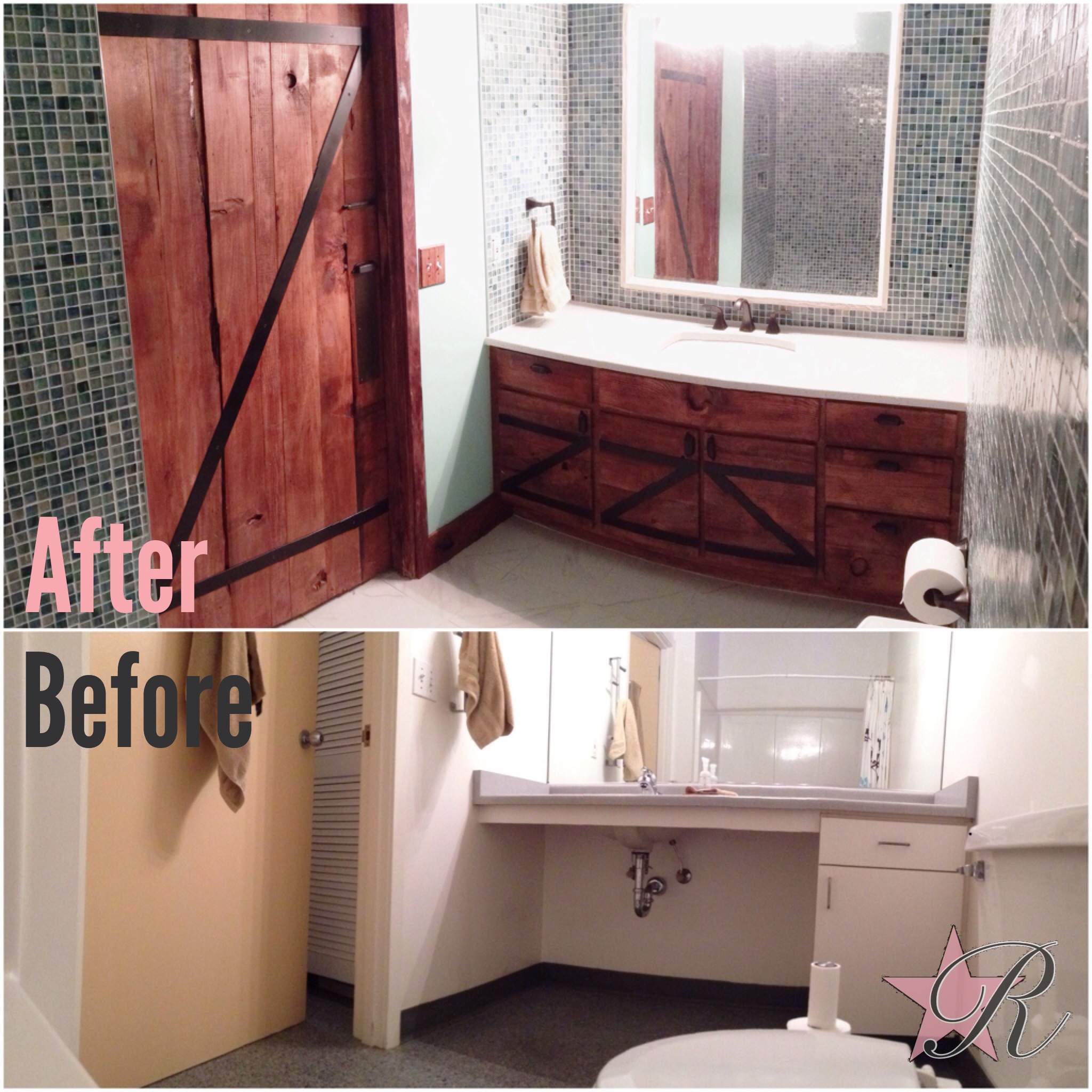 Rockstar Remodel demo'd the old bathroom and installed a glass mosaic shower that wrapped around the bathroom. The door and vanity were custom-made per client's inspirations. 