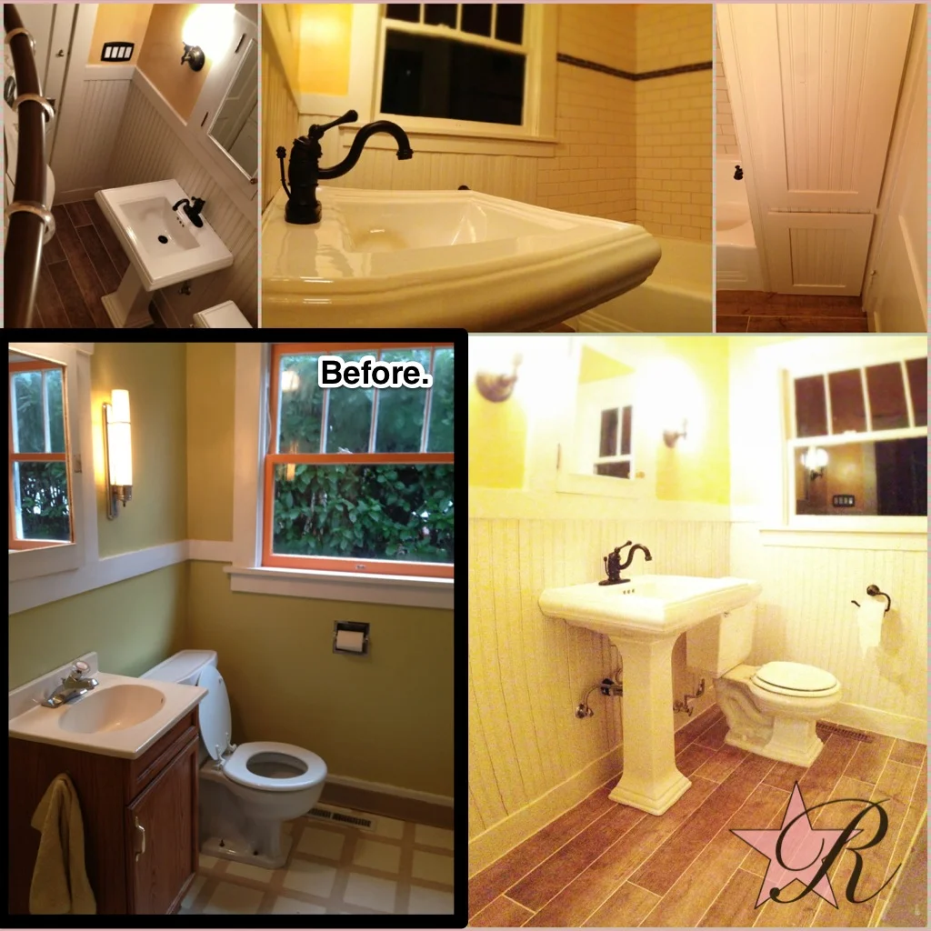 This was a difficult bathroom to photograph but Rockstar Remodel demo'd the old bathroom, installed a new tub with tile surround, a new tiled floor with a wood aesthetic, wainscoting, pedestal sink and lights.