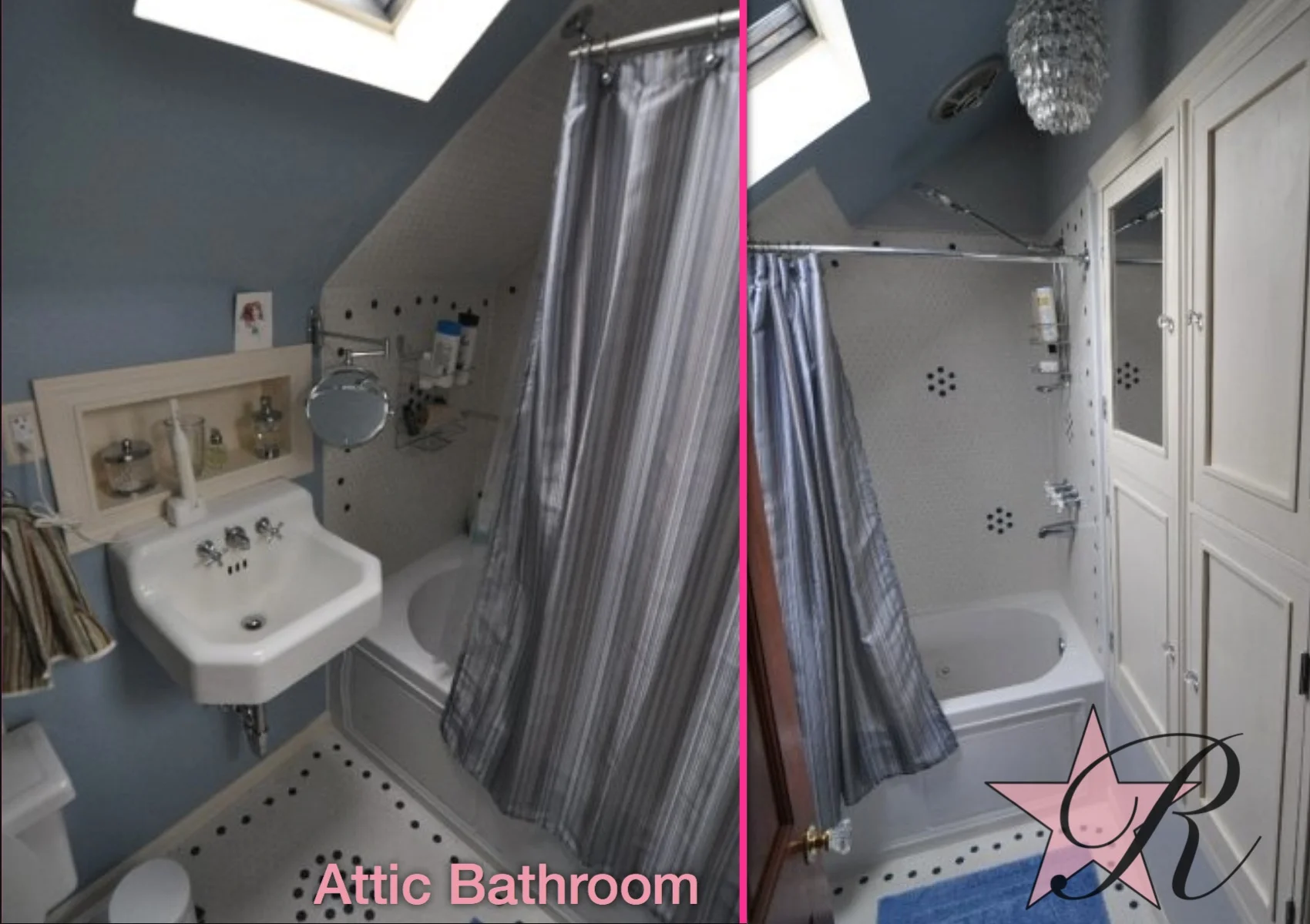 Rockstar Remodel installed a new tile surround and floor, space-saving sink, niche and cabinet in this attic bathroom.