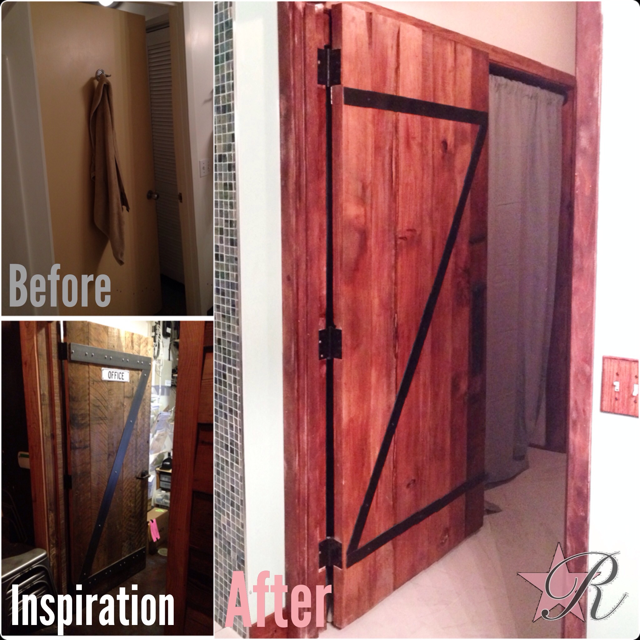 The client sent a photo of a rustic door that she liked and had also seen at a local bar. Using those examples, Rockstar Remodel built this door from scratch and refinished the door frames to match. Please check out the Bathrooms photo gallery of the matching vanity also built from scratch.