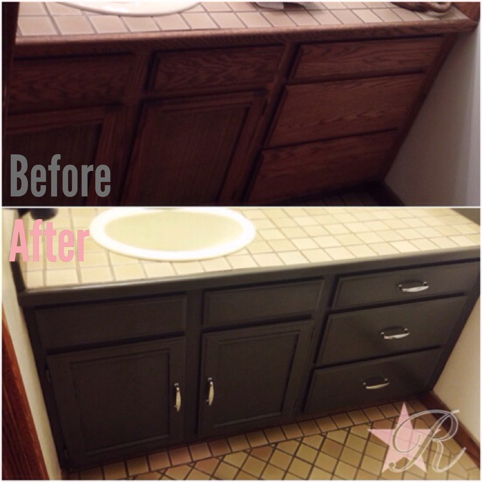 Rockstar Remodel used Sherwin-Williams trim cabinet paint to give this guest bathroom cabinet a more modern look.