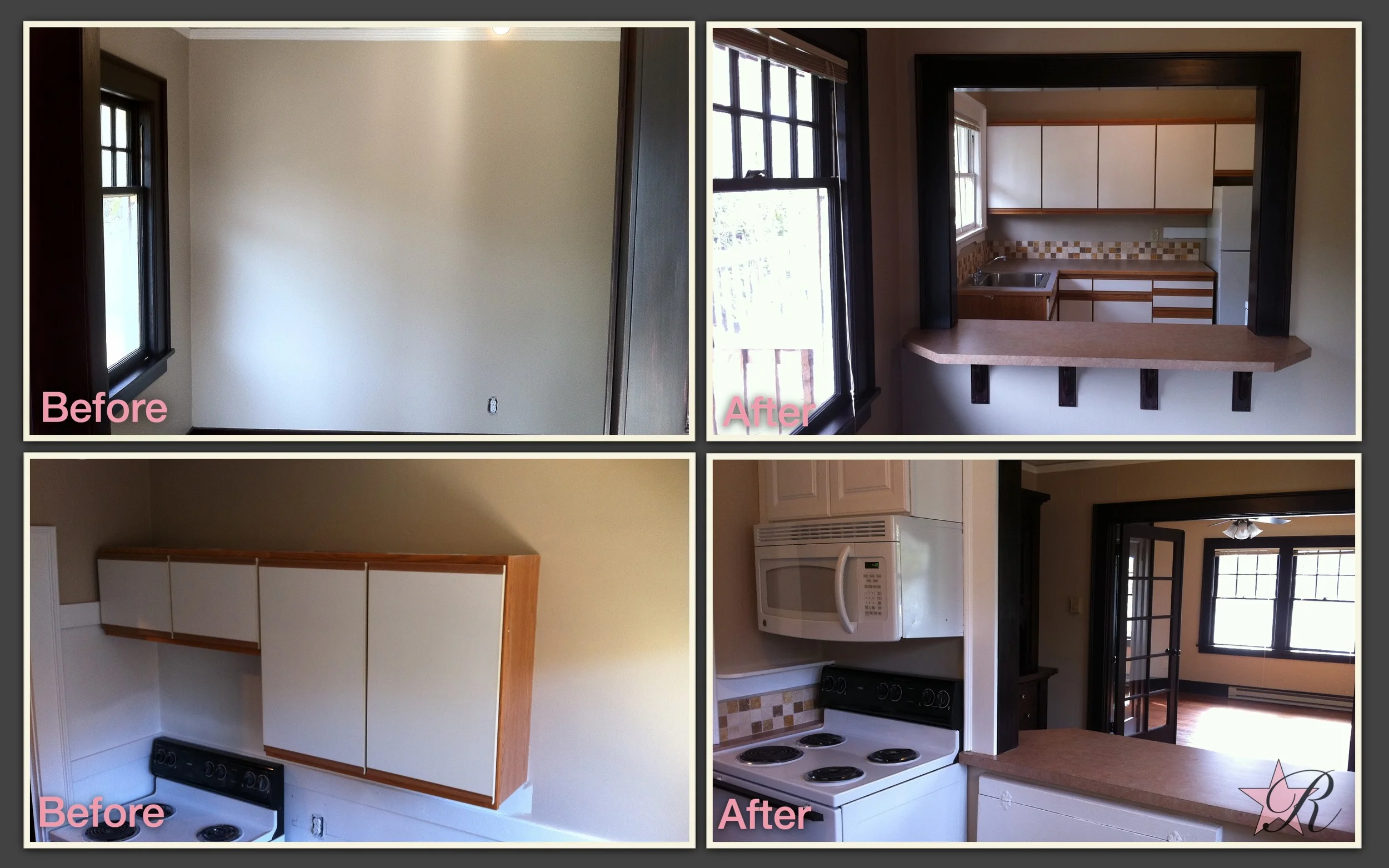 Rockstar Remodel did the same in "Apt E" and here are photographs from more angles. Rockstar Remodel also demo'd the old cabinets, installed the new ones and the microwave hood fan, and tiled the backsplash. 