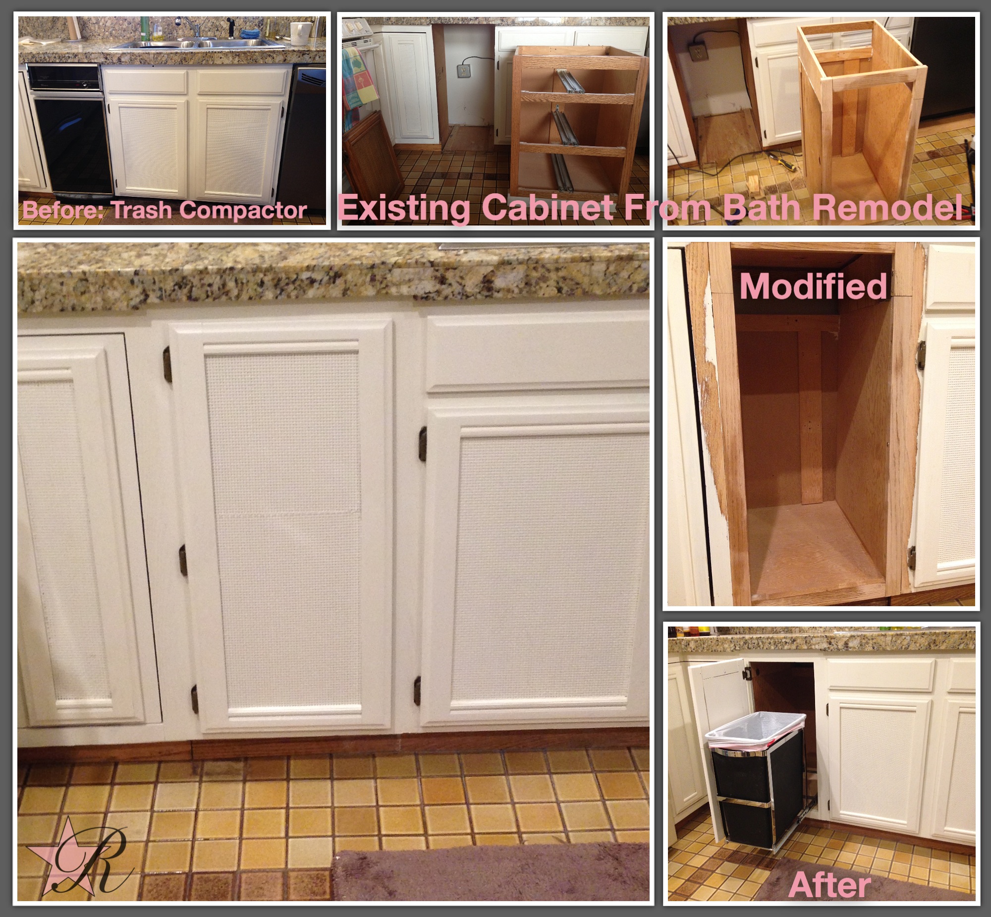 The trash compactor was unsightly and, by the time it was full, made the kitchen malodorous. Rockstar Remodel was remodeling the bathroom at the same time so using the removed vanity modified it to fit in the kitchen. This reuses existing materials so it's better for the environment, saves the client money and matches the existing cabinets better than new wood. Rockstar Remodel installed a SimpleHuman pull-out trash can.