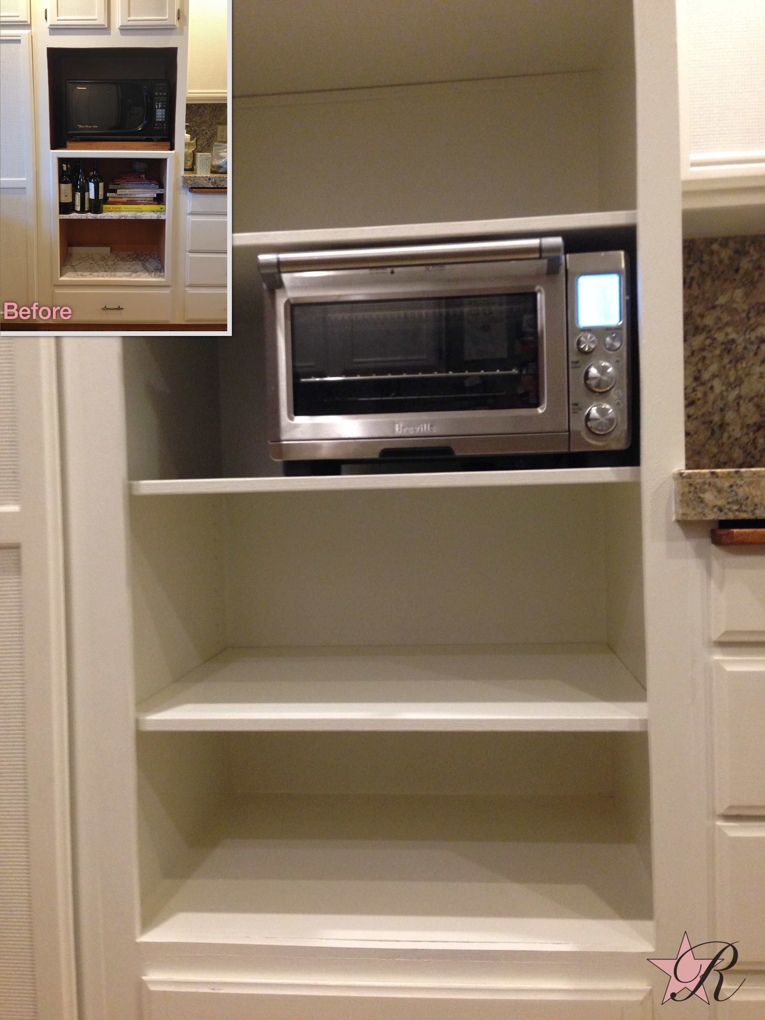 With the new microwave hood fan, there was no need of this microwave so Rockstar Remodel remodeled the shelves to better fit the client's needs and look more modern.