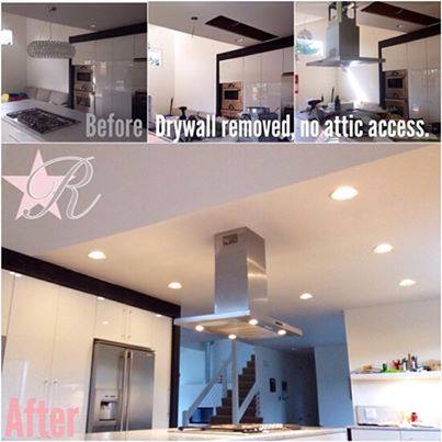 Rockstar Remodel swapped the kitchen light for a range hood fan above an island. There was no crawlspace access so the ceiling needed removal for the ducting to be installed and repair afterward.