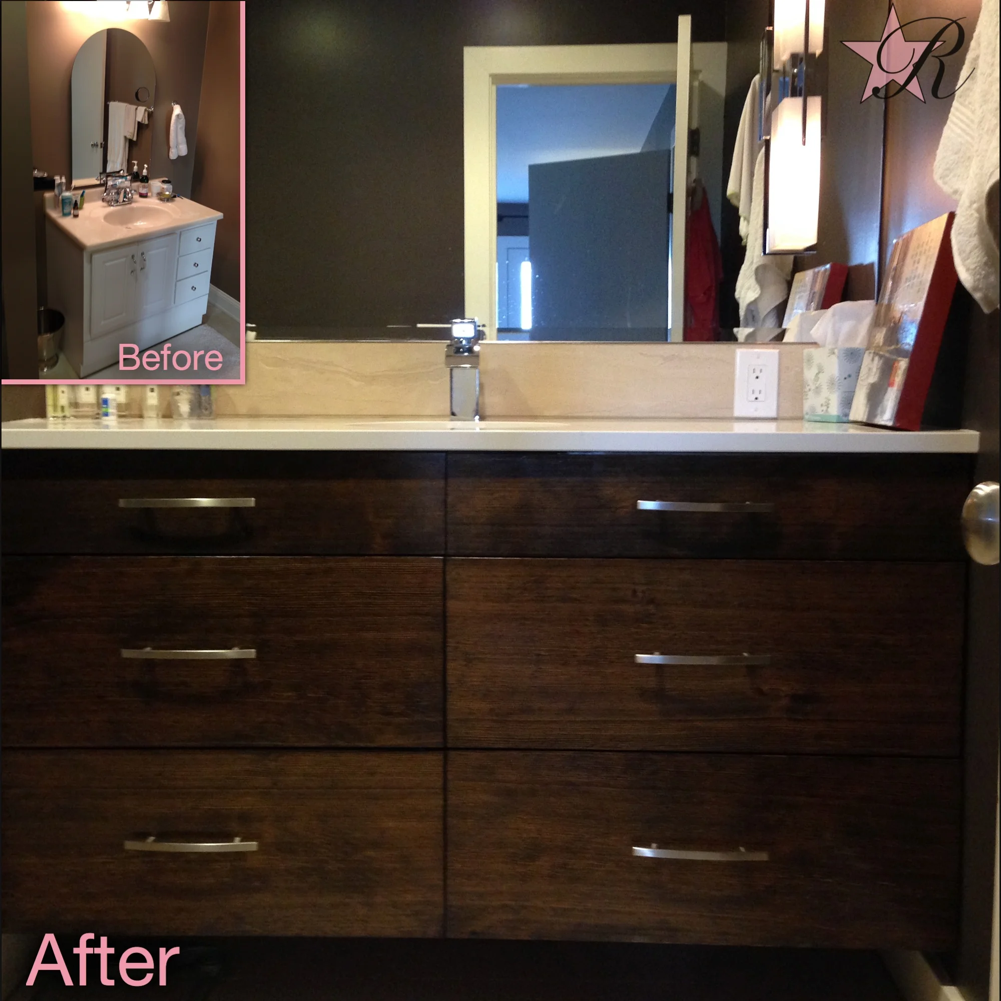 This is a custom vanity with countertop built to fit space and match a photo representation. 