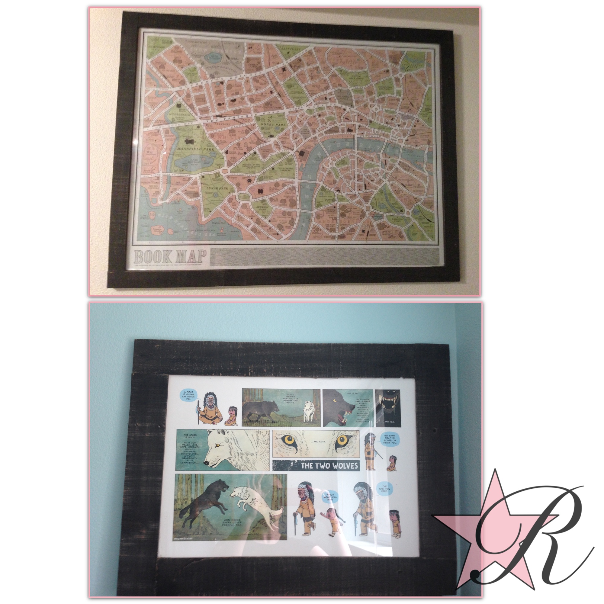 These custom distressed-styled frames were made using wood from a shipping palette. The desired effect for the upper frame was less distress than the below frame. 
