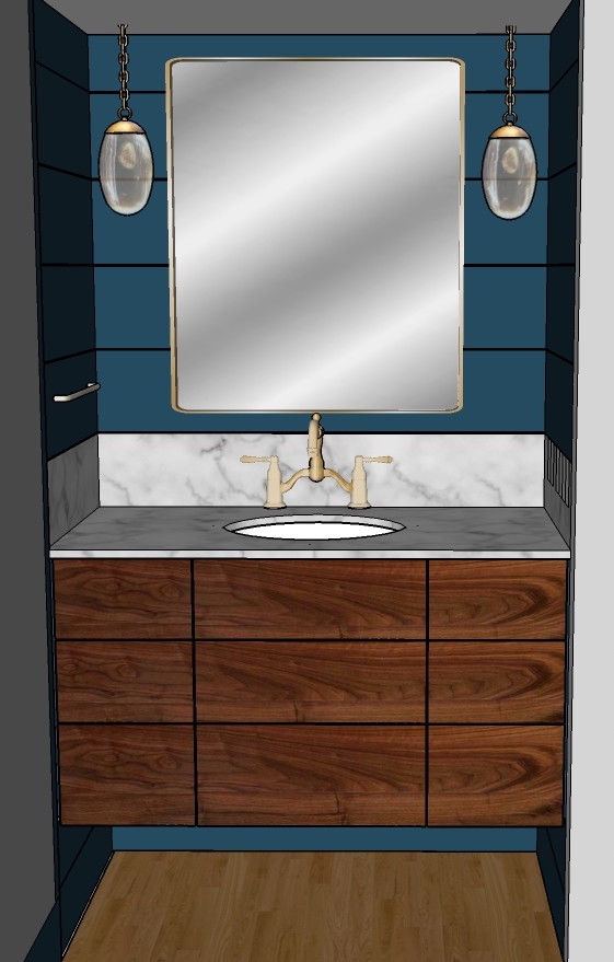 Powder Room concept for a client in North Chatham. Walnut grain through vanity. Carrara countertop, and antique brass accents.
