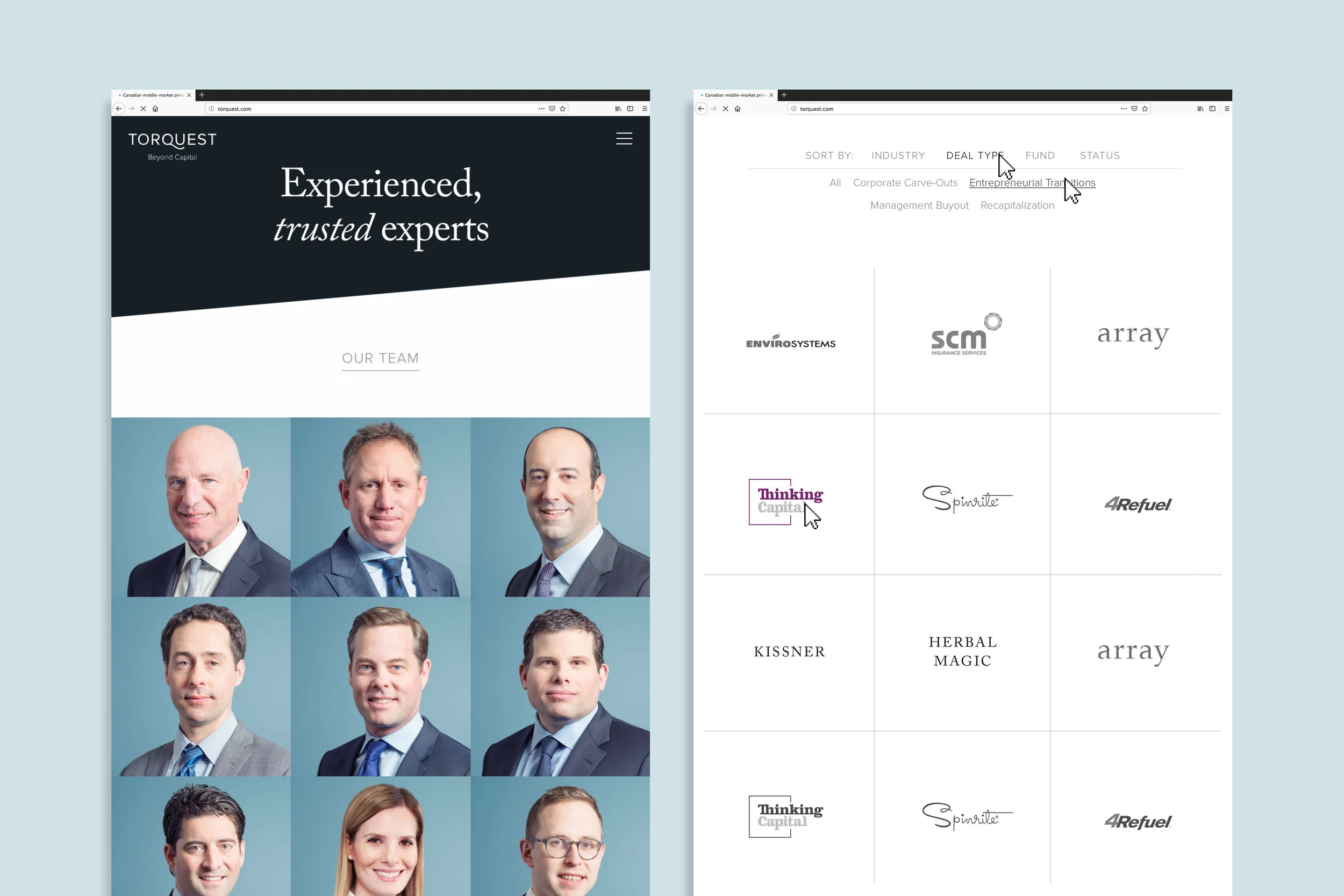 Detailed view of Team page and sort functionality on Portfolio page.