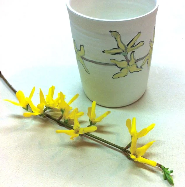 forsythia sketched around a tumbler