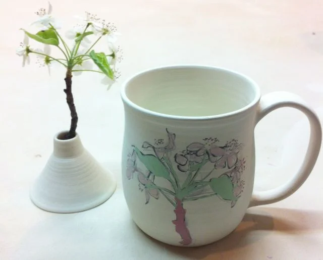 pear blossom sketch on porcelain mug