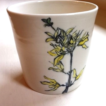 forsythia sketch handpainted on porcelain tumbler