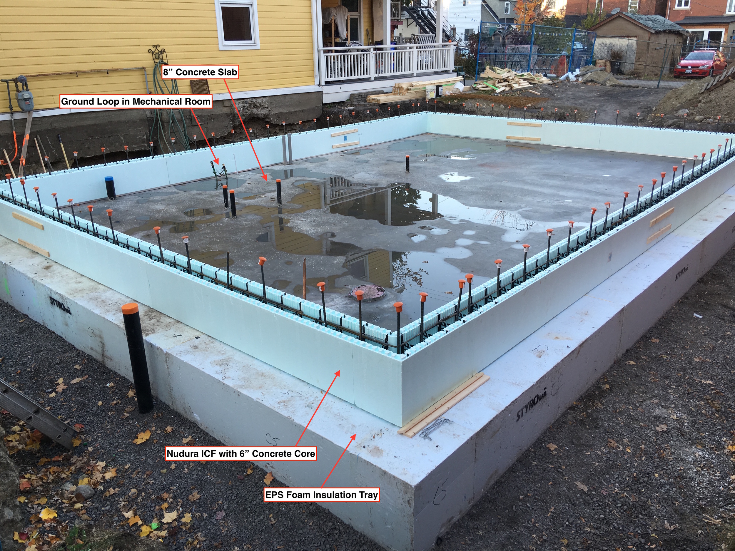 The slab poured and the first layer of ICF in place. 