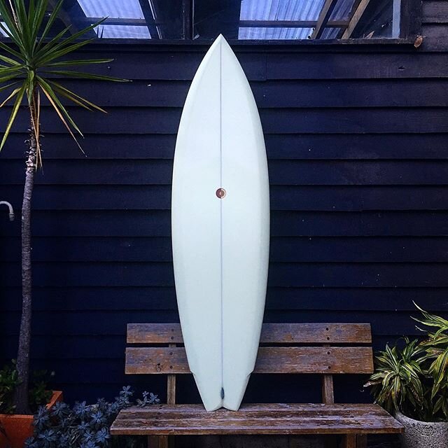 Topside look at the 6&rsquo;4&rdquo; #twinzer for Waldo @walvzyl a soft #sagegreen semi opaque. 
#beautiful #handmade #custom #twinfin #surfboard #handcrafted #starttofinish #shape #glass #fins #unique #colour #real #artisan #made #handshaped #bespok