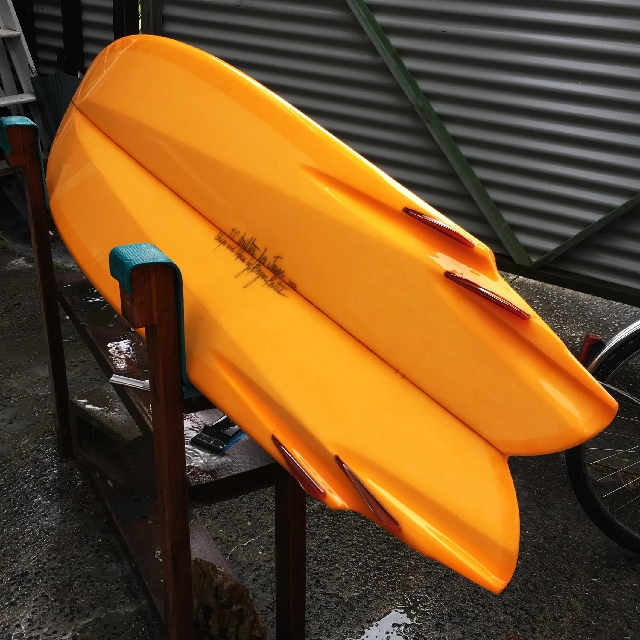 7’1” Drifter for Jason. The bulk of the Tunnel Bottom design came from my Drifter design. Tunnel Bottoms delete the  drifter channels and add concaves into the vee panels.