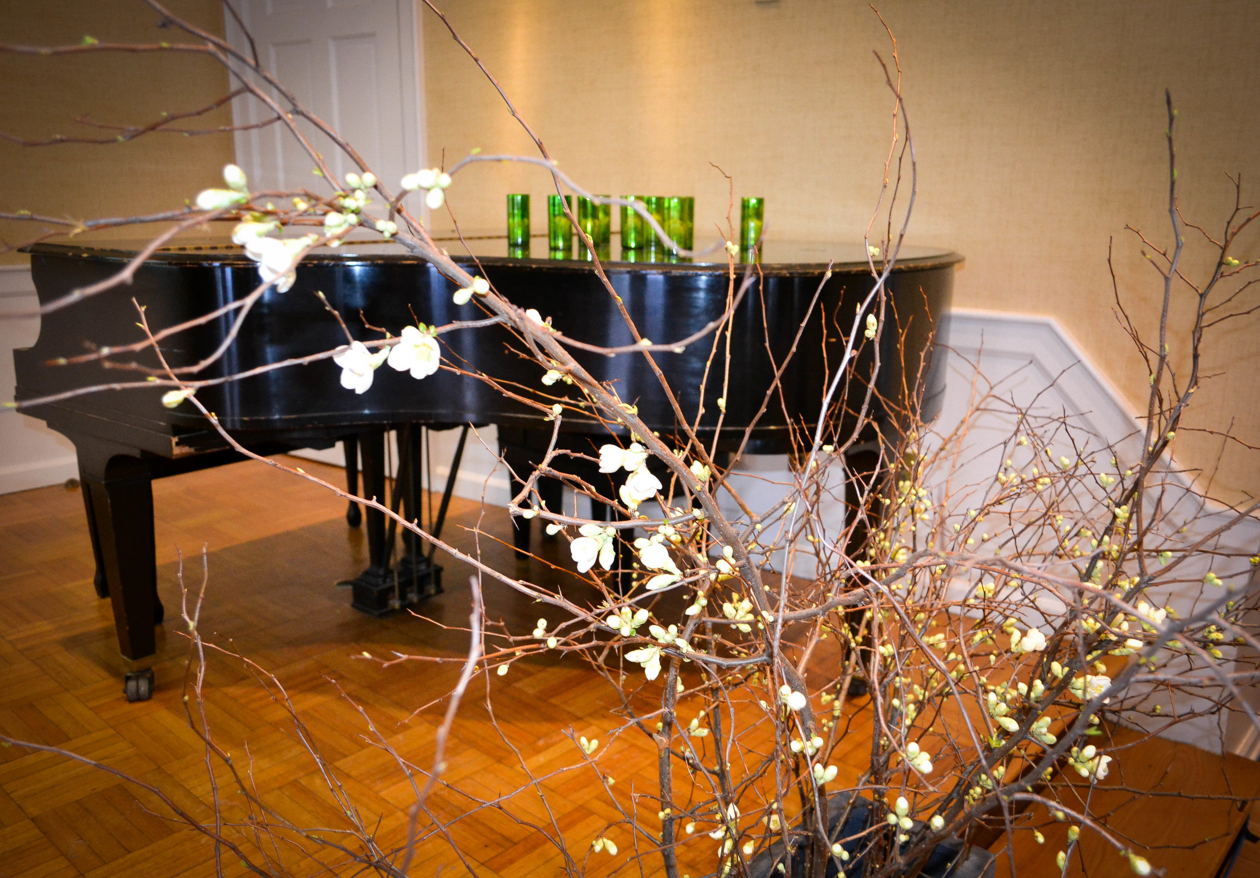 Tall quince branch arrangements grace the presentation area and a local pianist played for the guests.