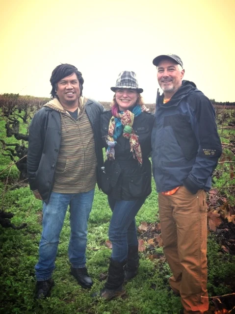 Standing in the Noma Ranch vineyard Zinfandel vines planted in the 1900s L to R Randy Caparoso, journalist Kimberly Charles, Charles Communications Associates, Tim Holdener, Winemaker Macchia Wines