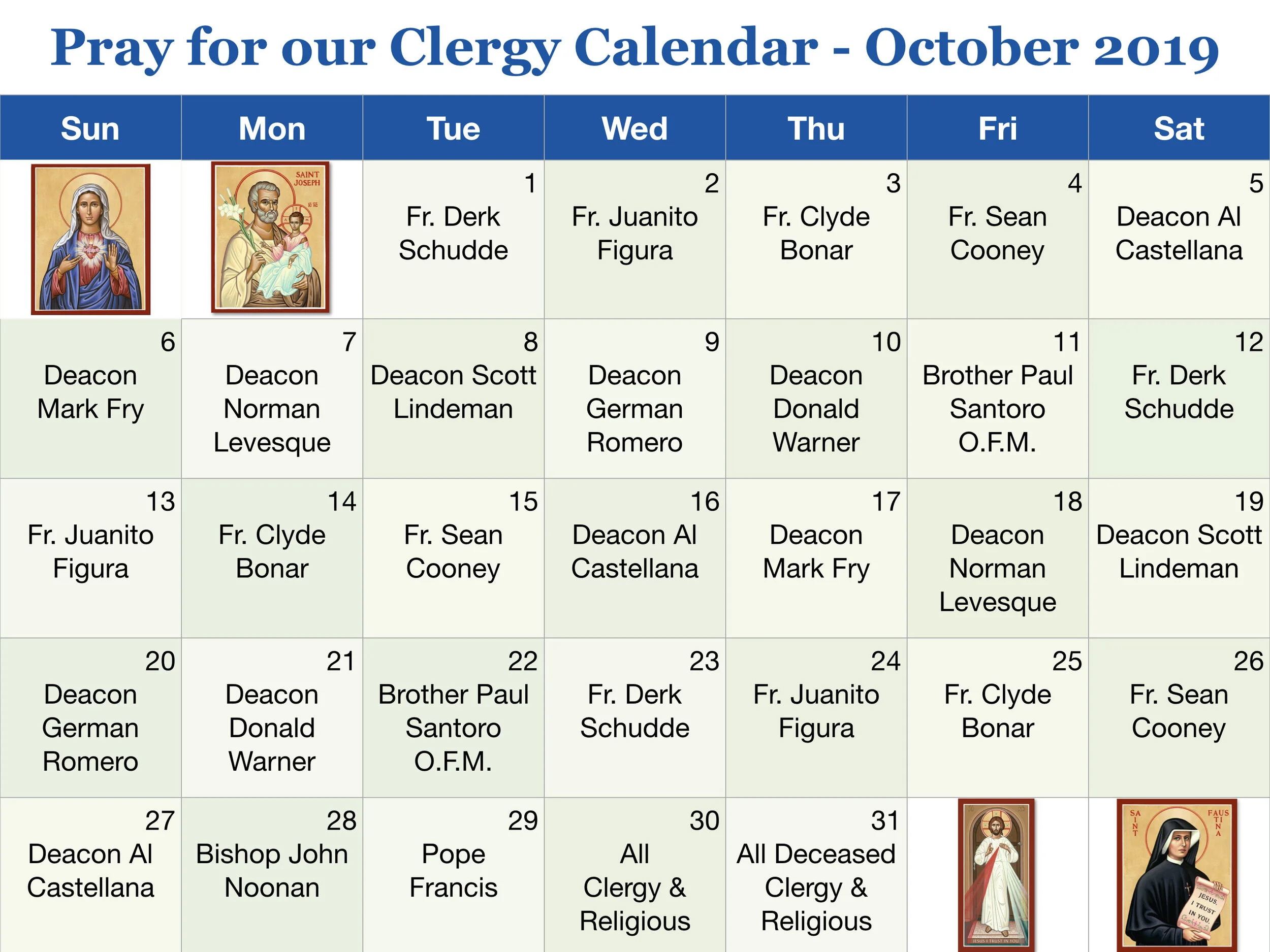 St. John Paul II Ministry invites everyone to pray each day for our clergy/religious by name as an expression of our gratitude, love and support. With Mary, the Blessed Mother of God, always pray that our clergy/religious have a burning desire for the salvation of souls and intense love for God in the Holy Eucharist. Amen - St. Jean-Baptiste-Marie Vianney, Patron Saint of Parish Priests / Prayers for Priests