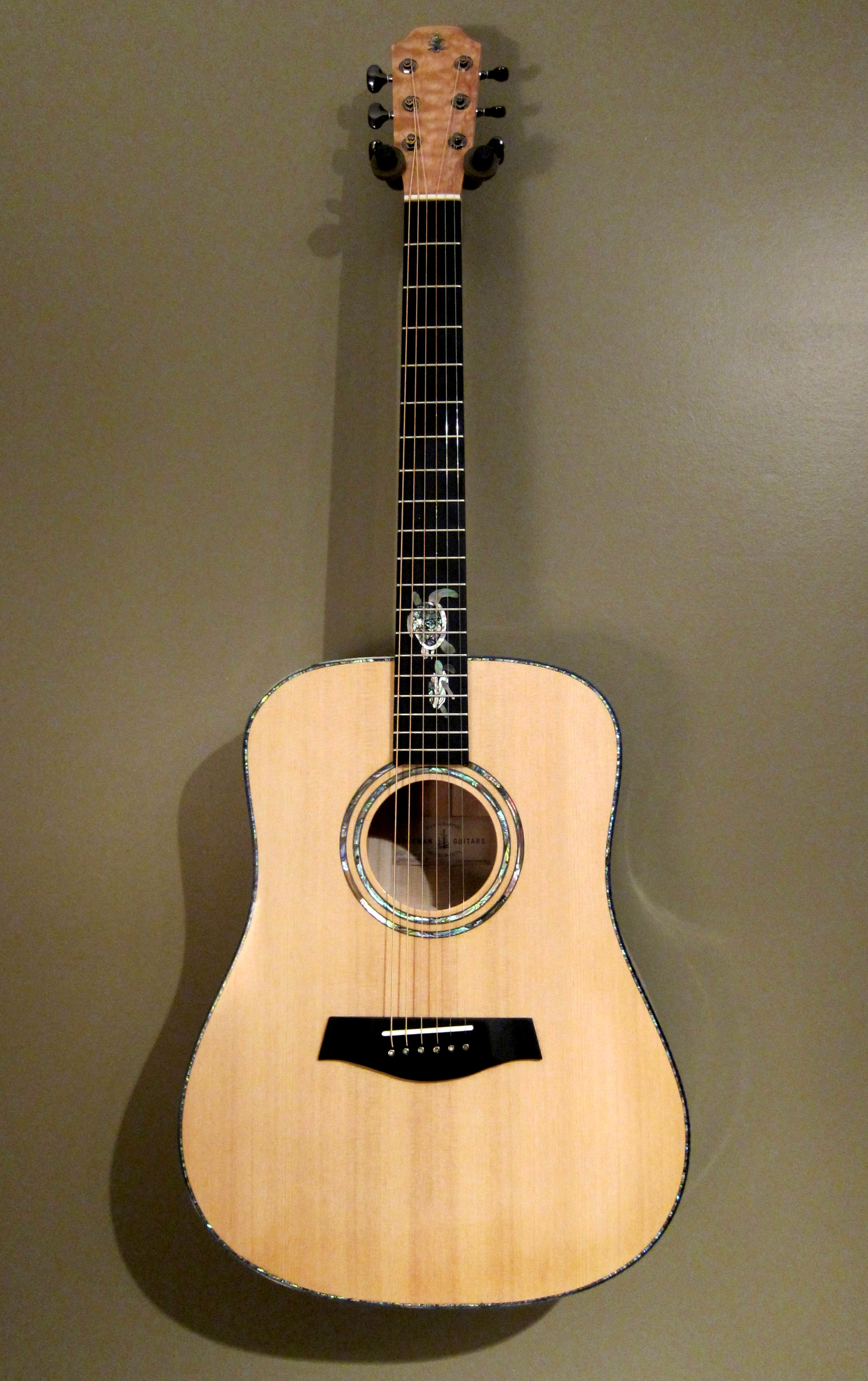Custom MB-3 (Dreadnought) SOLD Myrtlewood back & sides Port Orford Cedar top Dyed green Maple binding Adirondack Spruce bracing Flamed Maple neck Ebony fretboard Bone nut & saddle Double Abalone rosette Custom Sea Turtle inlay 25.4" scale Gotoh® 510 tuners Lacquer finish