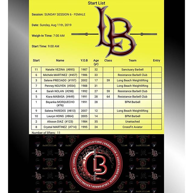 Sunday sessions are also LOCKED!!!! SESSION 6: 7AM WEIGH IN / 9AM START TIME
SESSION 7: 9AM WEIGH IN / 11AM START TIME
SESSION 8: 1020AM WEIGH IN / 1220PM START TIME
SESSION 9: 1230PM WEIGH IN / 230PM START TIME
