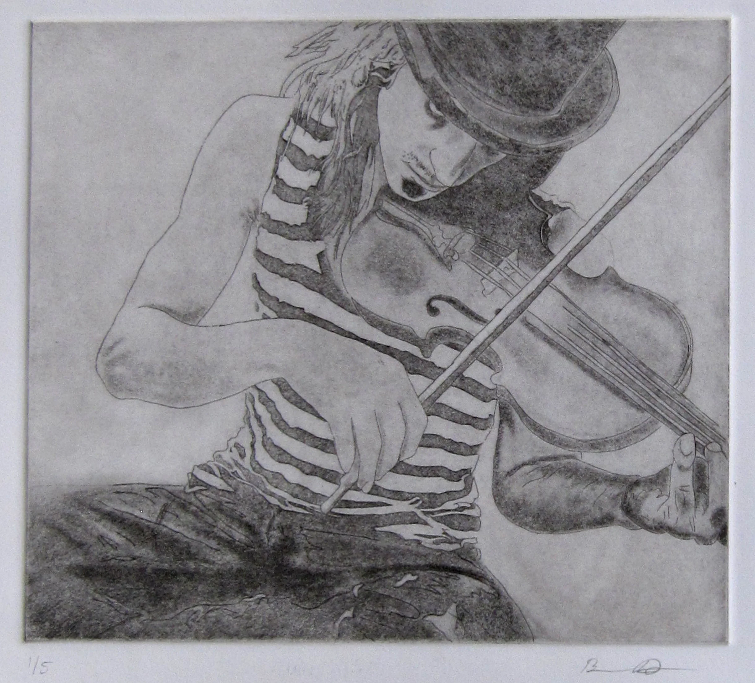 A Fiddler's Life , 2013, ink on paper, 8x10" image, etching and spitbite