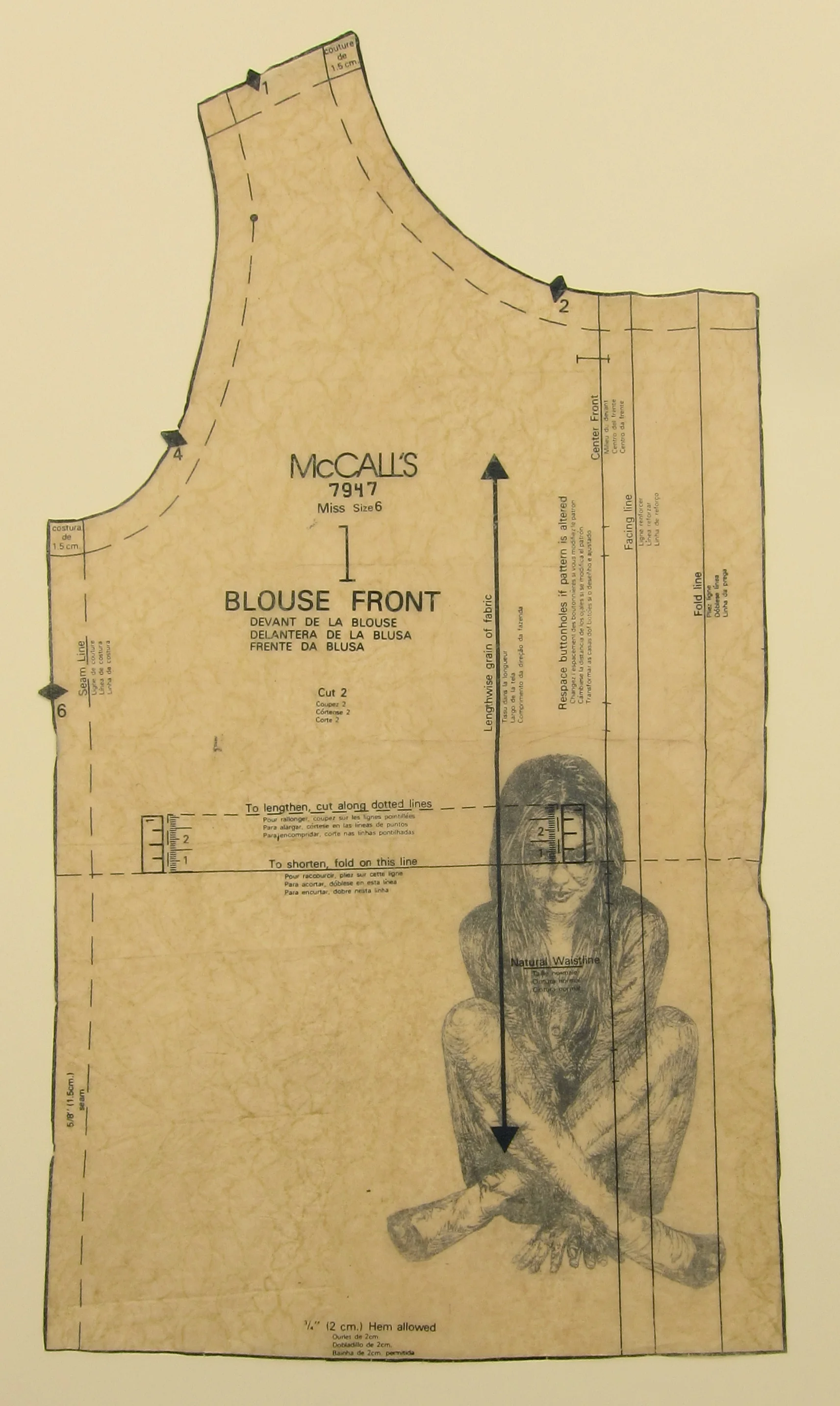 Natural Waistline - 2013, ink on dress pattern, approximately 12x23", paper plate lithography and monotype