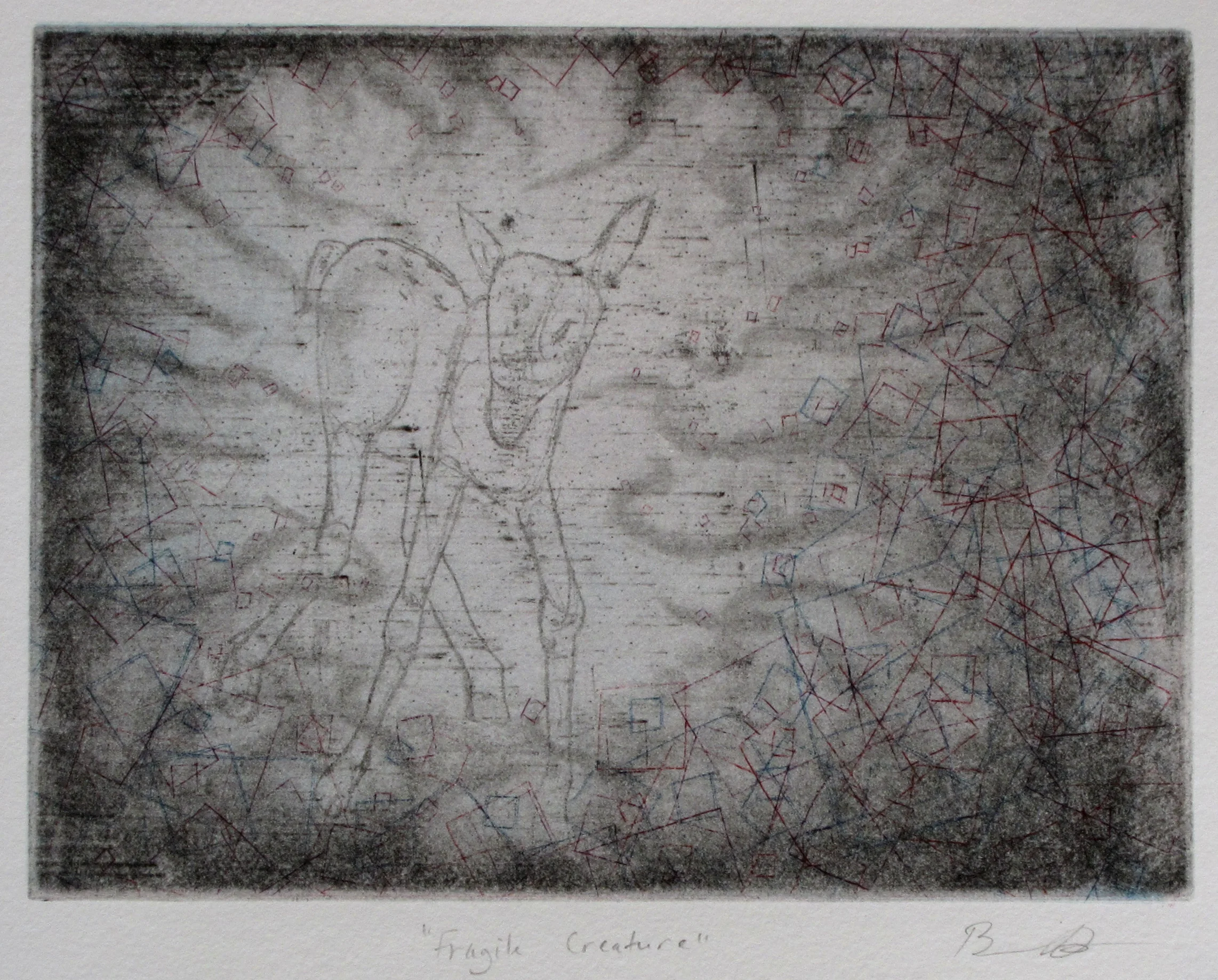 Fragile Creature - 2013, ink on paper, 6x8" image, soft ground, spit bite and drypoint