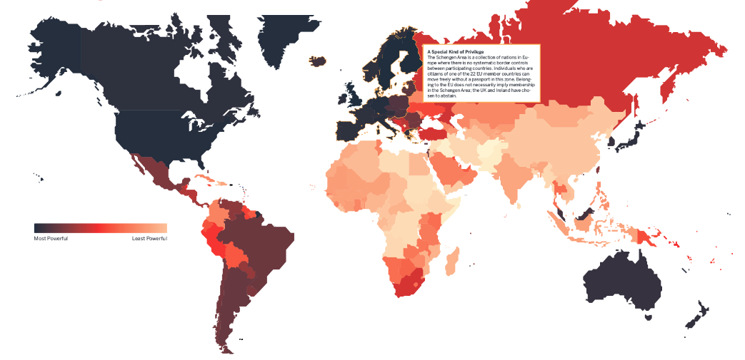 Countries on the left of the scale (in black) have the most powerful passports, while countries on the right of the scale (in light orange) have the least powerful passports.