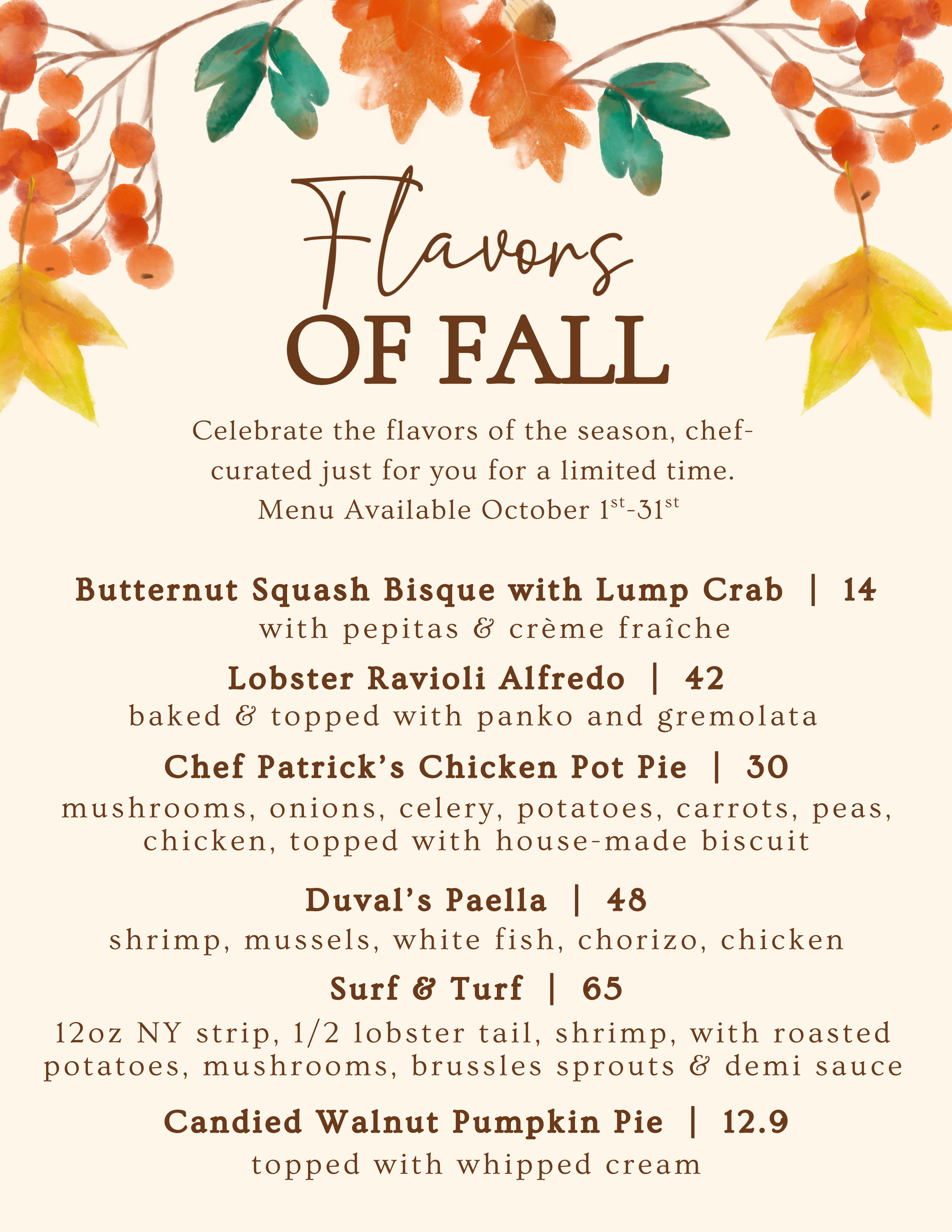Flavors of Fall Menu — Duval's | Downtown Sarasota Restaurant