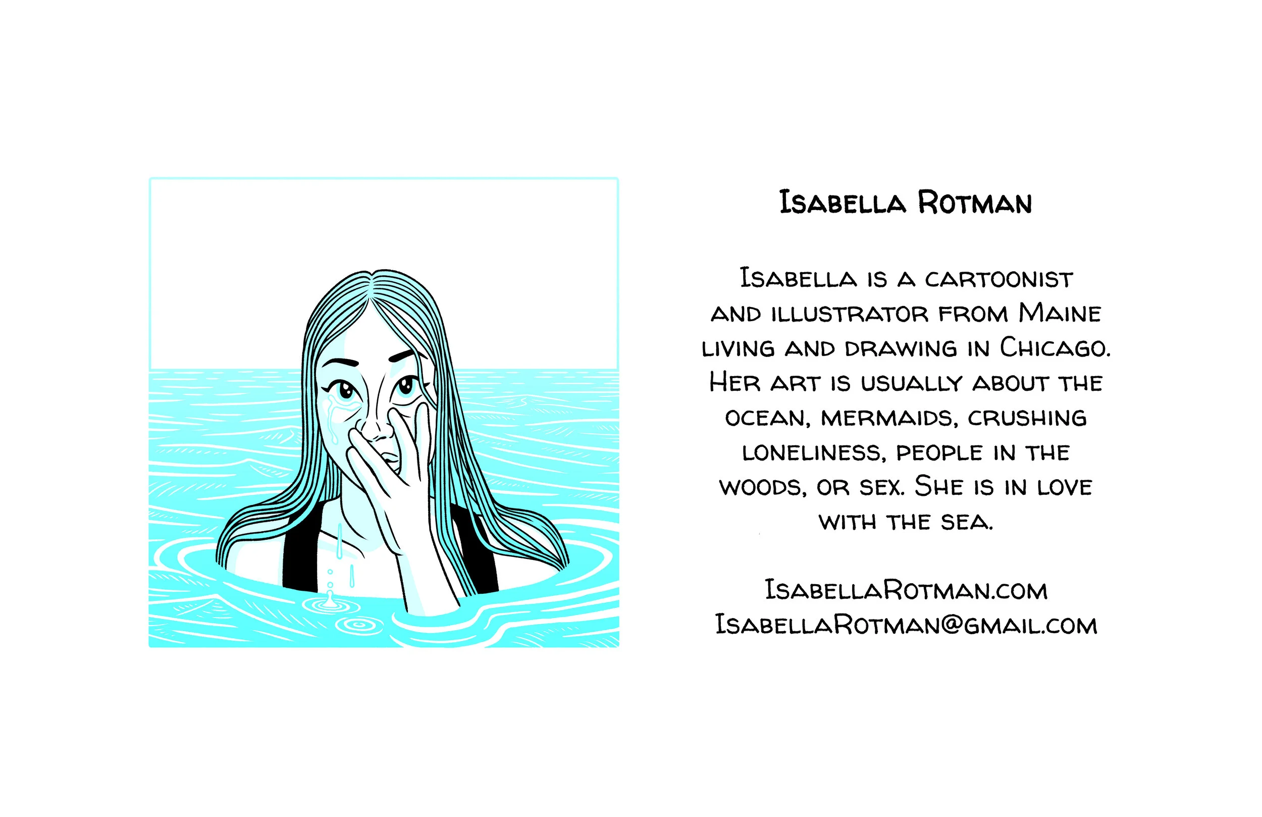 Image shows bio portrait of the author, Isabella. Isabella is in the ocean with her face an shoulders emerging from the surface. She is looking directly at the viewer with one hand on her face, partially covering her mouth and pushing her nose sligh…