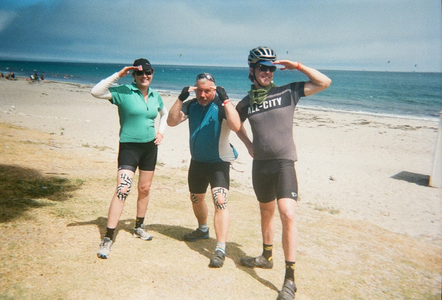  Nearing the finish line in Santa Barbara with taped-up knees to ease our aches and pains 