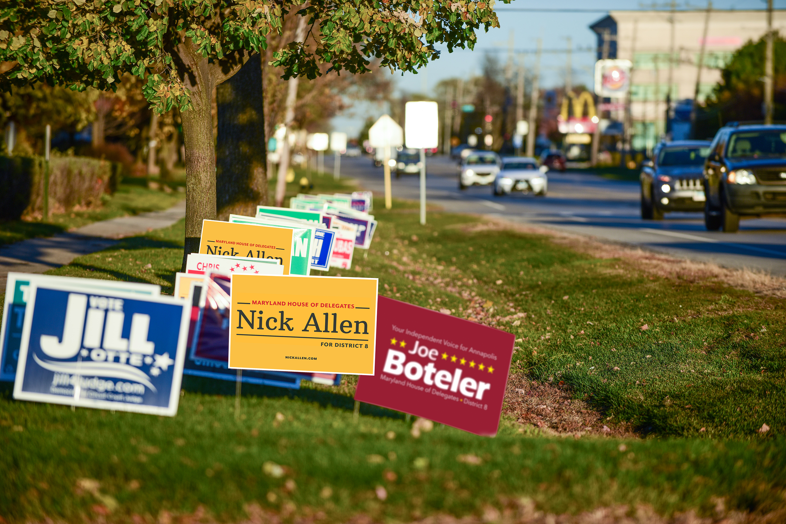 Political yard signs with Nick Allen's in the foreground