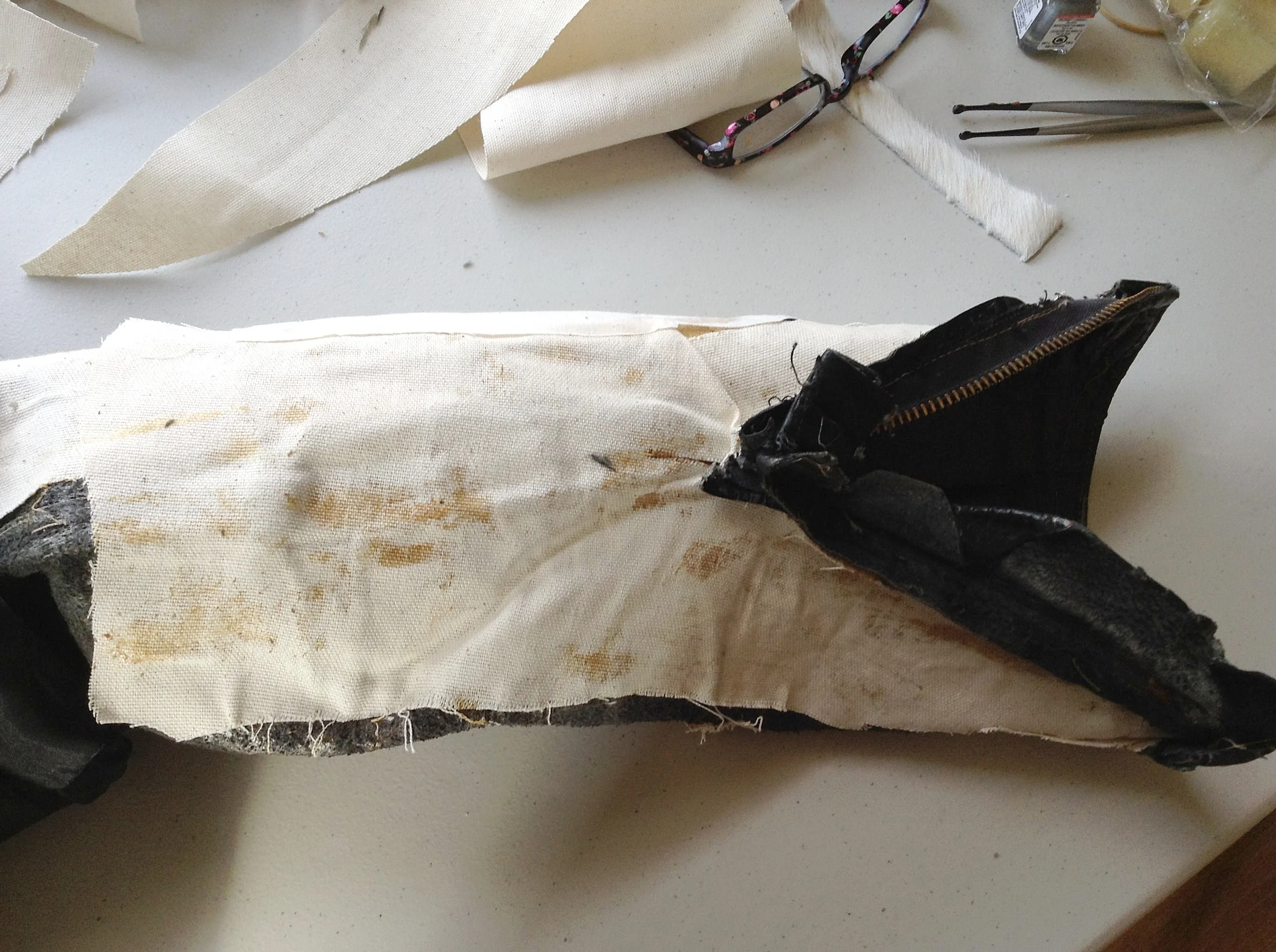 Leather jacket sleeve repair, vintage biker 1950's