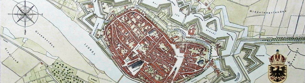 Uitsnede ets 'De Stad Deventer Anno 1832', handmatig met aquarel ingekleurd. © De Etserij