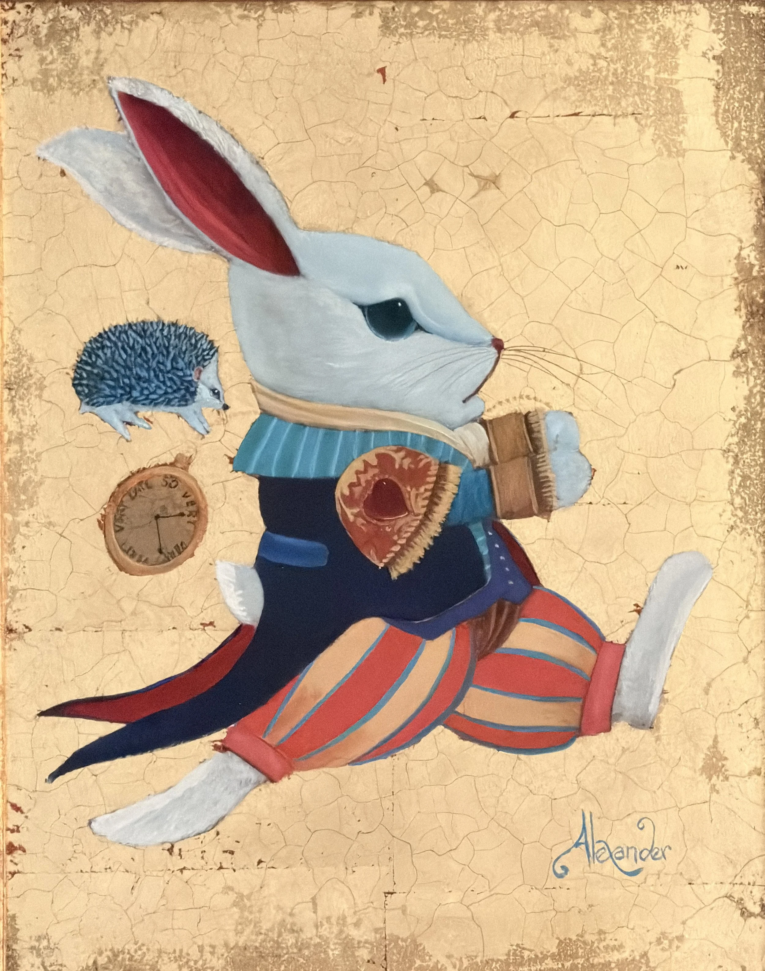 Blue Hedgehog Hanging on to a Very Late White Rabbit