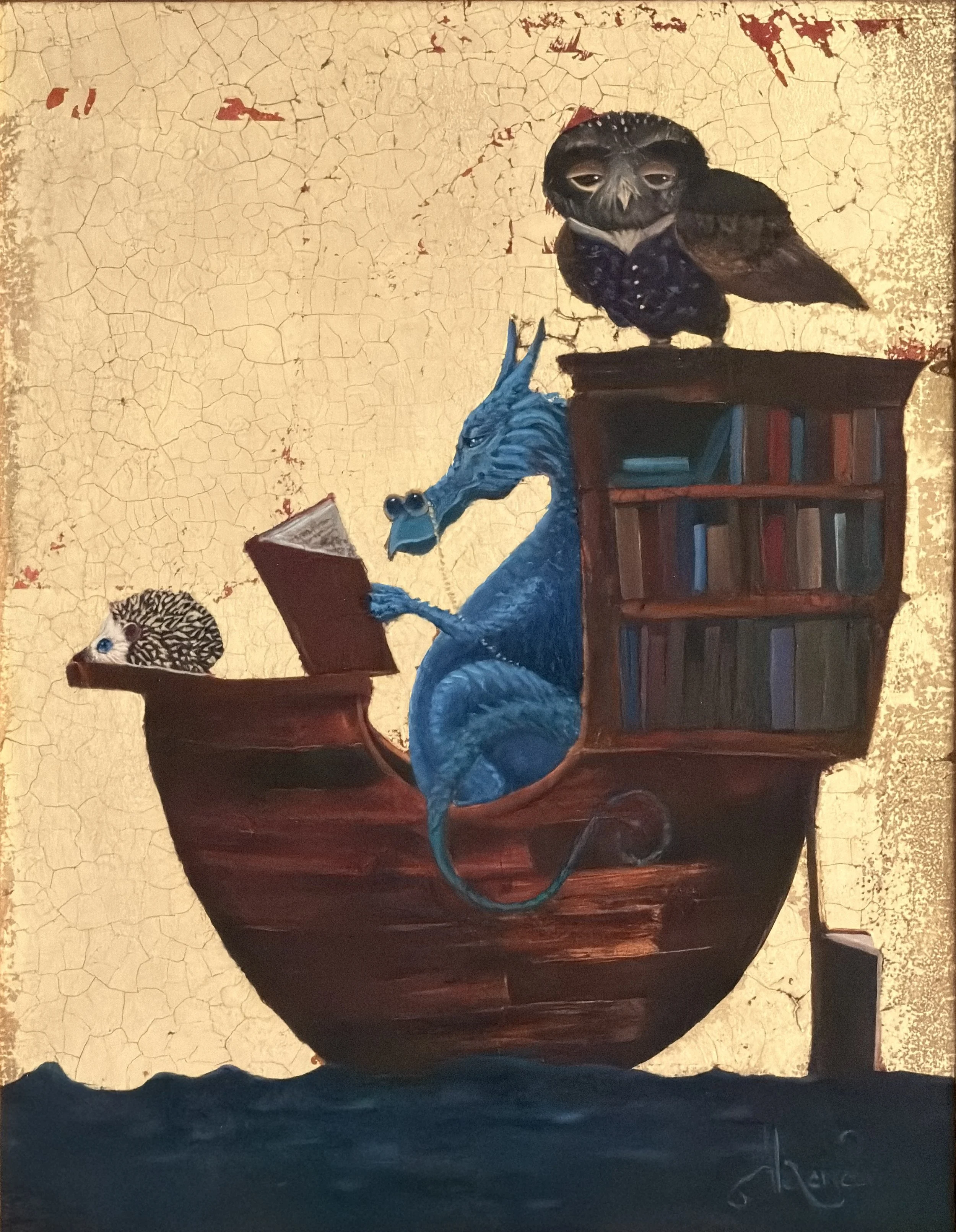 Blue Bookwyrm Reading the Same Story for the Seventh Time to an Owl on the Library Boat