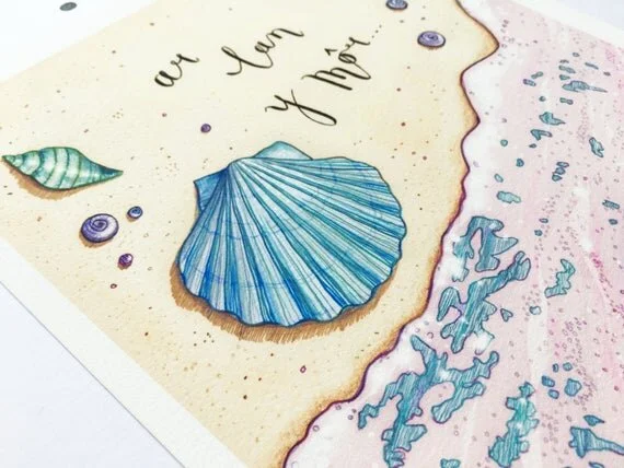 ar lan y mor welsh art print poster wales beach seaside cymraeg cymru seashells cregyn