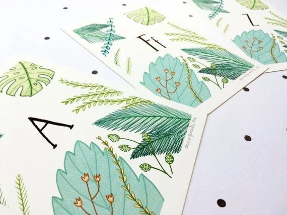 botanical initial wreath kids child bedroom baby newborn gift green plant greenery welsh alphabet cymraeg wyddor