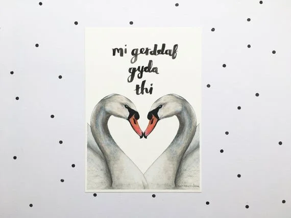 mi gerddaf gyda thi swan print welsh quote saying cymraeg poster love wedding gift idea cariad wales cymru
