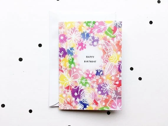 happy birthday 70s psychedelic retro vintage greeting card eco recycled colourful flower floral