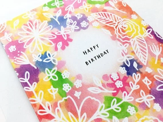 happy birthday 70s psychedelic retro vintage greeting card eco recycled colourful flower floral
