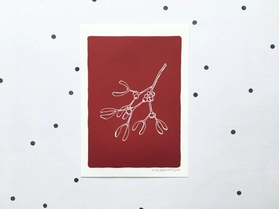mistletoe christmas xmas red burgundy minimal minimalist art print poster illustration simple line drawing kiss nadolig welsh