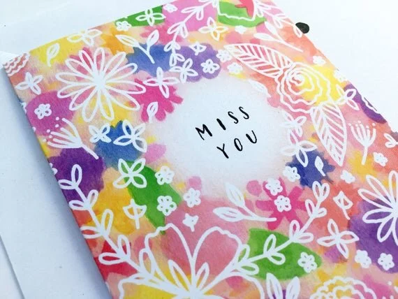 miss you greeting card recycled eco 70s psychedelic retro floral