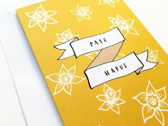 pasg hapus happy easter welsh greeting card cymraeg cymru wales daffodil yellow mustard cenin cennin pedr