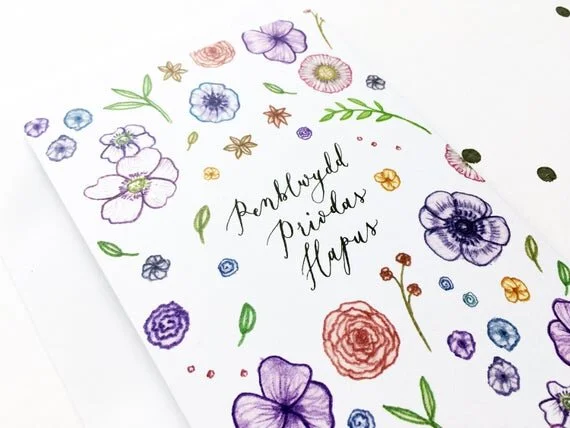 penblwydd priodas hapus happy wedding anniversary welsh greeting card cymru cymraeg wales floral flower eco recycled
