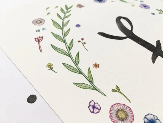 floral initial wreath welsh alphabet wyddor gymraeg cymraeg wales cymru nursery baby newborn gift idea child kids bedroom room cymru wales nature floral wildflowers print poster illustration