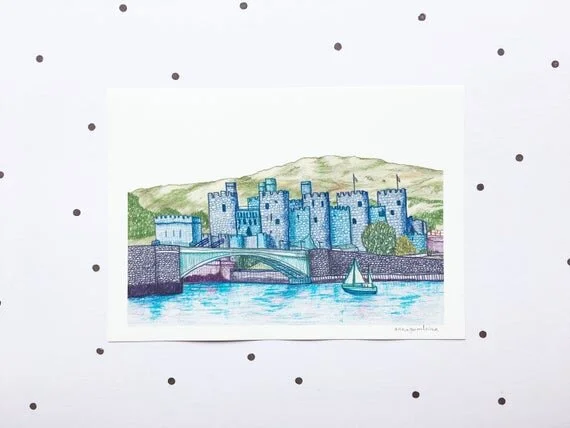 conwy castle castell conway wales cymru welsh cymraeg harbour seafront blue colourful print poster illustration art artwork