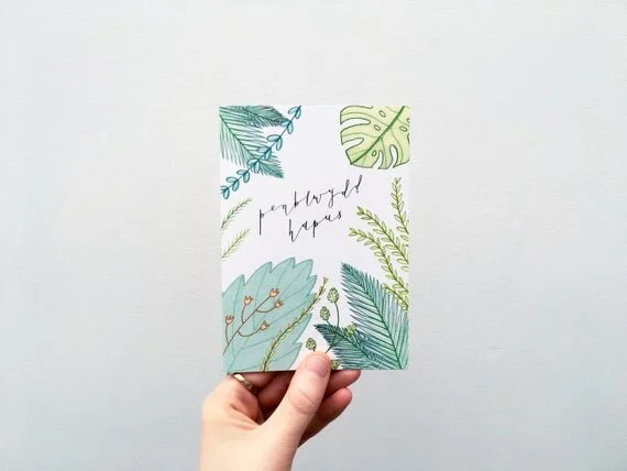 penblwydd hapus welsh happy birthday greeting card cerdyn cardyn cymraeg wales cymru botanical green plants recycled eco