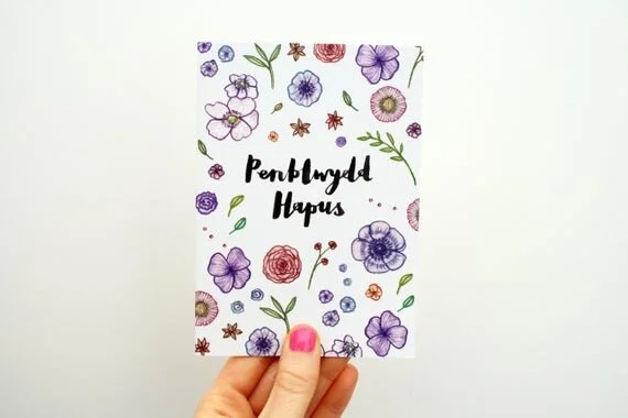 penblwydd hapus welsh happy birthday greeting card wales cymru floral flower recycled eco