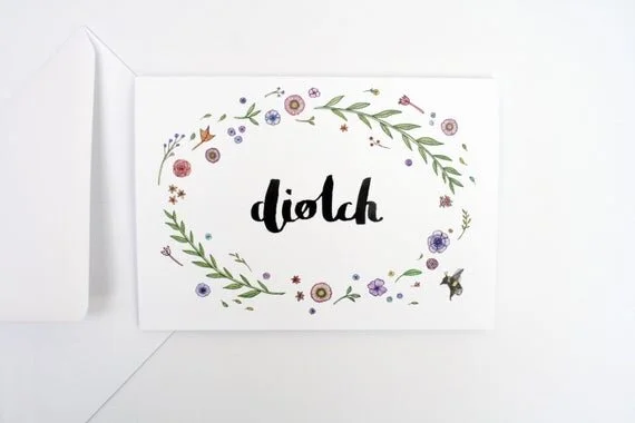 diolch welsh greeting card thank you thanks wreath floral nature plants recycled eco cerdyn cymraeg cardyn wales cymru